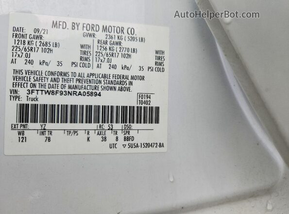 3FTTW8F93NRA05894 2022 FORD MAVERICK White Вид підкапотного простору