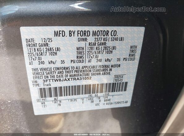 3FTTW8JAXTRA31052 2026 FORD MAVERICK Gray Vista del compartimento del motor