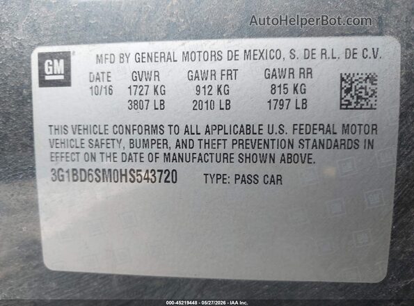 3G1BD6SM0HS543720 2017 CHEVROLET CRUZE Серый Вид подкапотного пространства