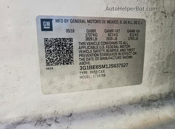 3G1BE6SM1JS637527 2018 CHEVROLET CRUZE Белый Вид наклейки с VIN-кодом