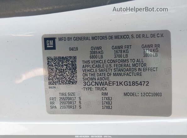 3GCNWAEF1KG185472 2019 CHEVROLET SILVERADO White Vista del compartimento del motor