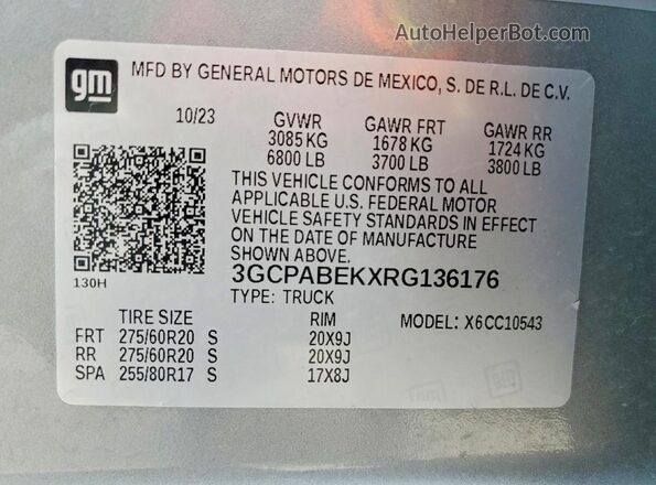 3GCPABEKXRG136176 2024 CHEVROLET SILVERADO Silver Вид наклейки з VIN-кодом