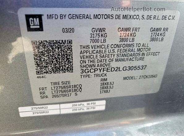 3GCPYFED2LG305537 2020 CHEVROLET SILVERADO Серый Вид подкапотного пространства