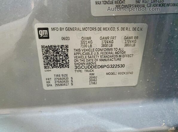 3GCUDDED6PG322530 2023 CHEVROLET SILVERADO Silver VIN კოდის სტიკერის ხედი