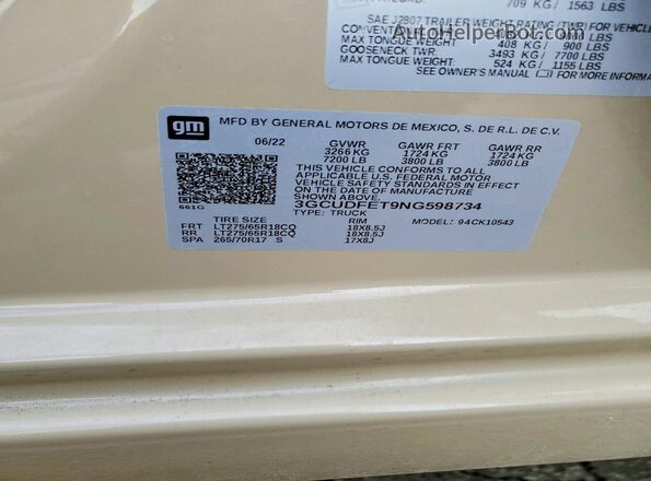 3GCUDFET9NG598734 2022 CHEVROLET SILVERADO Tan Вид підкапотного простору