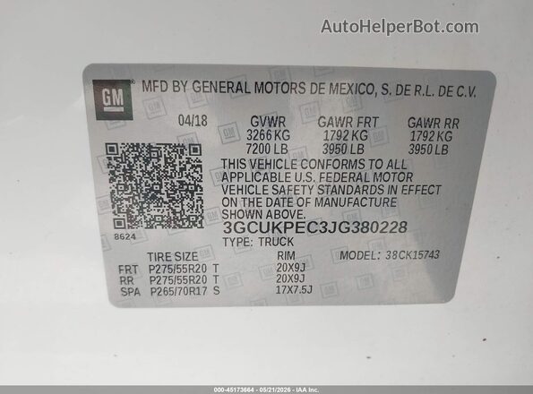 3GCUKPEC3JG380228 2018 CHEVROLET SILVERADO White Շարժիչի բաժամունքի տեսք