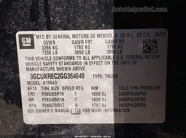 3GCUKREC2GG364848 2016 CHEVROLET SILVERADO Черный Вид подкапотного пространства