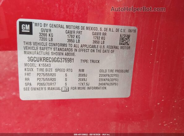 3GCUKREC9GG376981 2016 CHEVROLET SILVERADO Красный Вид подкапотного пространства