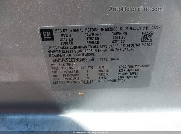 3GCUKSEC2HG458558 2017 CHEVROLET SILVERADO Silver ძრავის განყოფილების ხედი