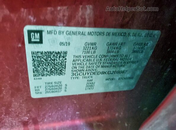 3GCUYDED8KG208087 2019 CHEVROLET SILVERADO Burgundy Вид підкапотного простору