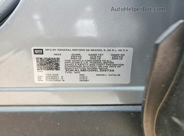 3GKALMEG0RL359734 2024 GMC TERRAIN Silver Widok naklejki z numerem VIN