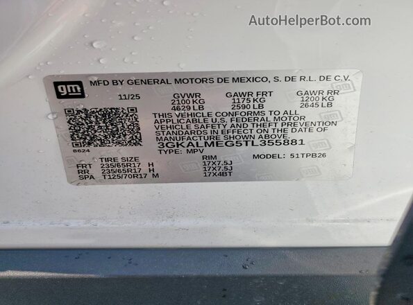 3GKALMEG5TL355881 2026 GMC TERRAIN White Widok naklejki z numerem VIN