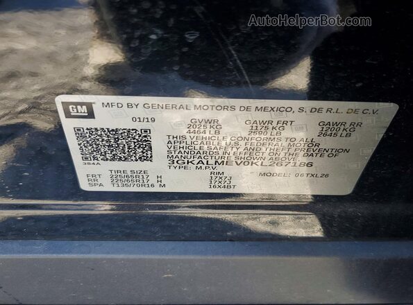 3GKALMEV0KL267186 2019 GMC TERRAIN Black Widok naklejki z numerem VIN
