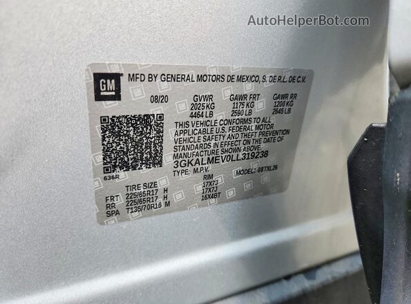 3GKALMEV0LL319238 2020 GMC TERRAIN Silver Vista de la etiqueta del VIN