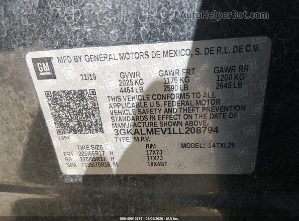 3GKALMEV1LL208794 2020 GMC TERRAIN Серый Вид подкапотного пространства