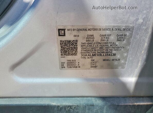 3GKALMEV3LL154138 2020 GMC TERRAIN Silver Vista de la etiqueta del VIN