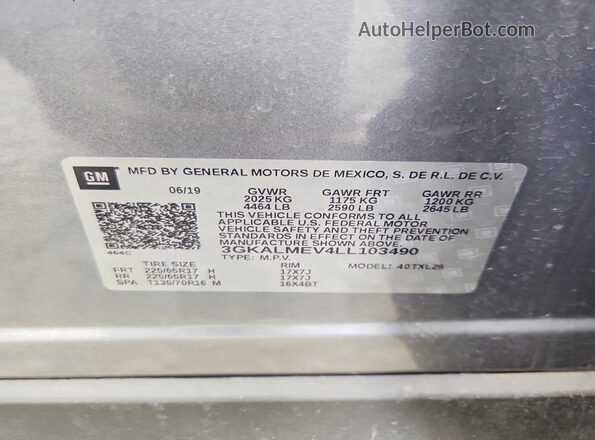 3GKALMEV4LL103490 2020 GMC TERRAIN Gray Vista de la etiqueta del VIN