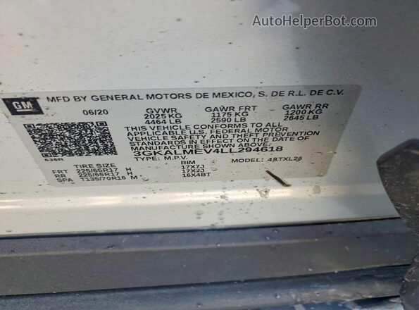 3GKALMEV4LL294618 2020 GMC TERRAIN Gray Вид наклейки з VIN-кодом