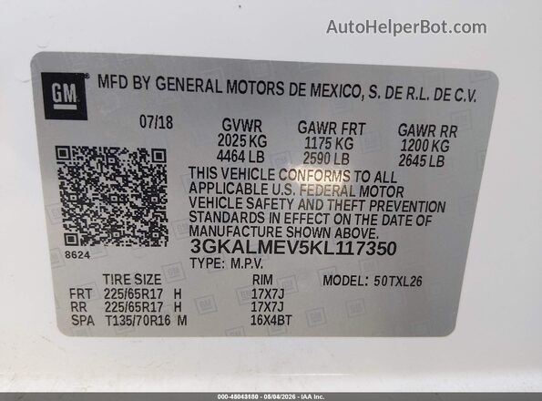 3GKALMEV5KL117350 2019 GMC TERRAIN Белый Вид подкапотного пространства