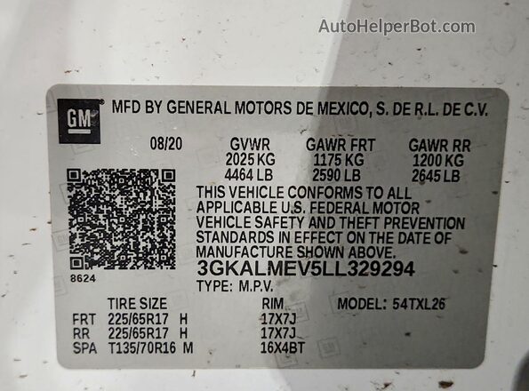 3GKALMEV5LL329294 2020 GMC TERRAIN White სალონის 360-გრადუსიანი ხედი