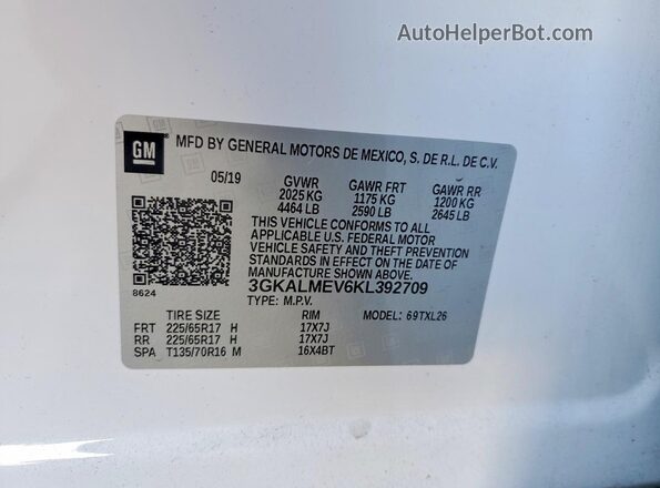 3GKALMEV6KL392709 2019 GMC TERRAIN Белый Вид наклейки с VIN-кодом