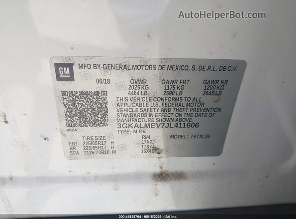 3GKALMEV7JL411606 2018 GMC TERRAIN White Vista del compartimento del motor