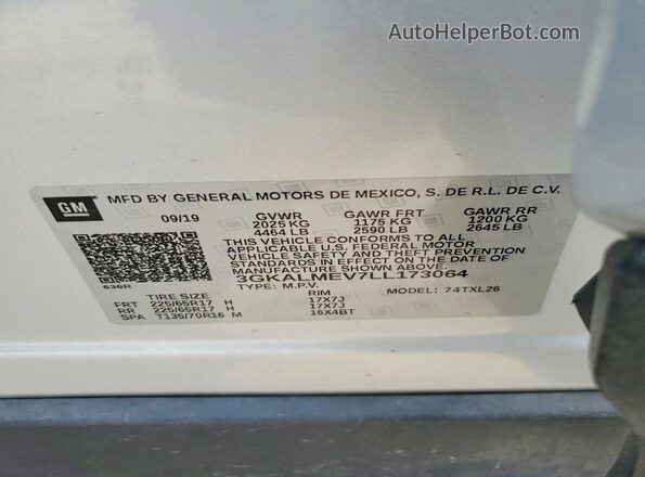 3GKALMEV7LL173064 2020 GMC TERRAIN Silver Вид наклейки з VIN-кодом