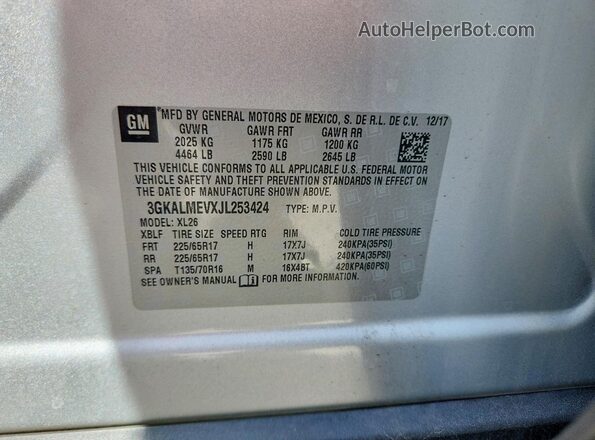 3GKALMEVXJL253424 2018 GMC TERRAIN Серебряный Вид наклейки с VIN-кодом