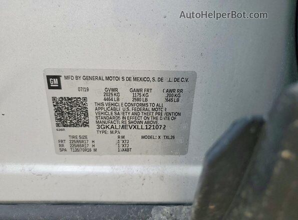 3GKALMEVXLL121072 2020 GMC TERRAIN Silver Вид наклейки з VIN-кодом