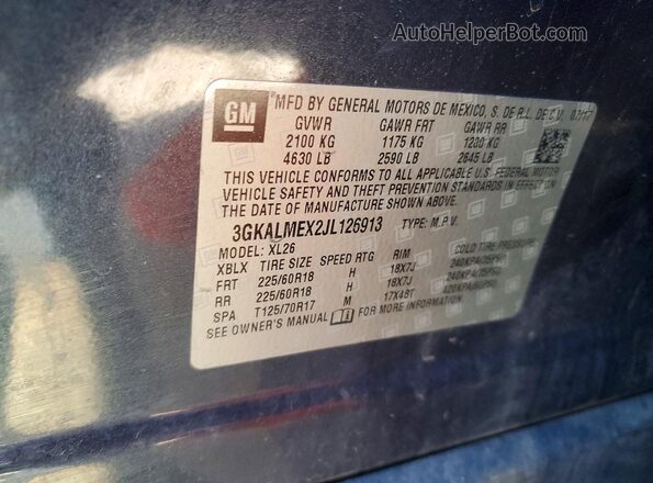 3GKALMEX2JL126913 2018 GMC TERRAIN Синий Вид наклейки с VIN-кодом