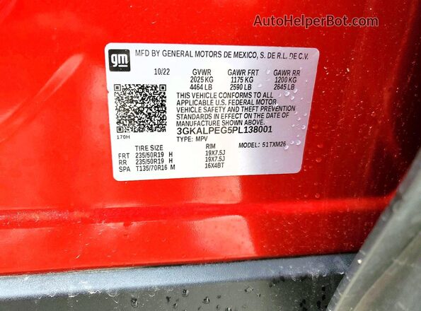 3GKALPEG5PL138001 2023 GMC TERRAIN Красный Вид наклейки с VIN-кодом