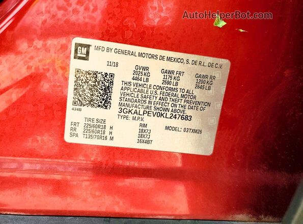 3GKALPEV0KL247683 2019 GMC TERRAIN Красный Вид наклейки с VIN-кодом