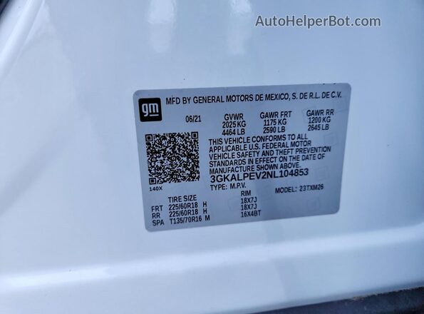 3GKALPEV2NL104853 2022 GMC TERRAIN White Вид наклейки з VIN-кодом