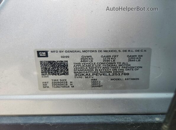 3GKALPEV6LL251769 2020 GMC TERRAIN Серебряный Панорамный вид салона 360°