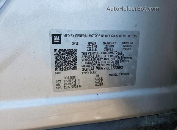 3GKALPEV7KL183593 2019 GMC TERRAIN Silver Widok naklejki z numerem VIN