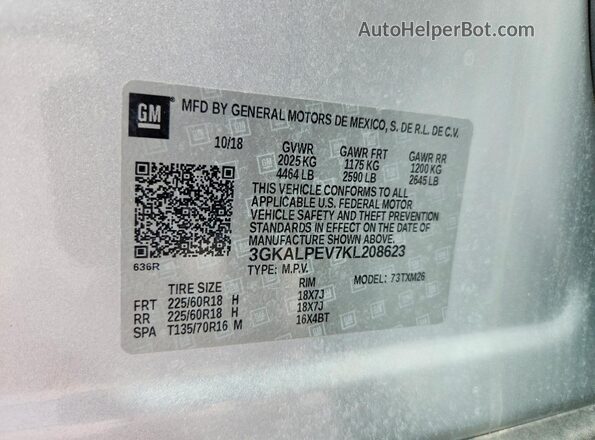 3GKALPEV7KL208623 2019 GMC TERRAIN Серебряный Вид наклейки с VIN-кодом