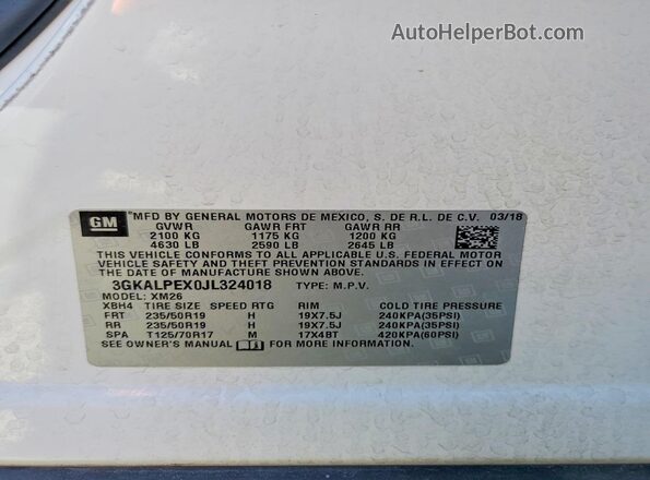 3GKALPEX0JL324018 2018 GMC TERRAIN Белый Вид наклейки с VIN-кодом
