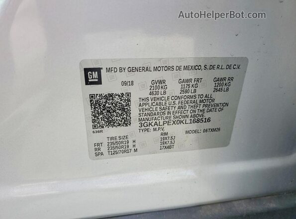 3GKALPEX0KL168516 2019 GMC TERRAIN Silver Vista de la etiqueta del VIN