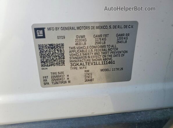 3GKALTEV1LL111461 2020 GMC TERRAIN White VIN კოდის სტიკერის ხედი
