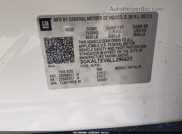 3GKALTEV6LL296820 2020 GMC TERRAIN Белый Вид подкапотного пространства