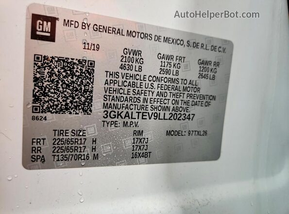 3GKALTEV9LL202347 2020 GMC TERRAIN Белый Вид наклейки с VIN-кодом