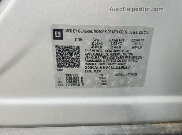 3GKALVEV4LL219617 2020 GMC TERRAIN Silver Vista de la etiqueta del VIN