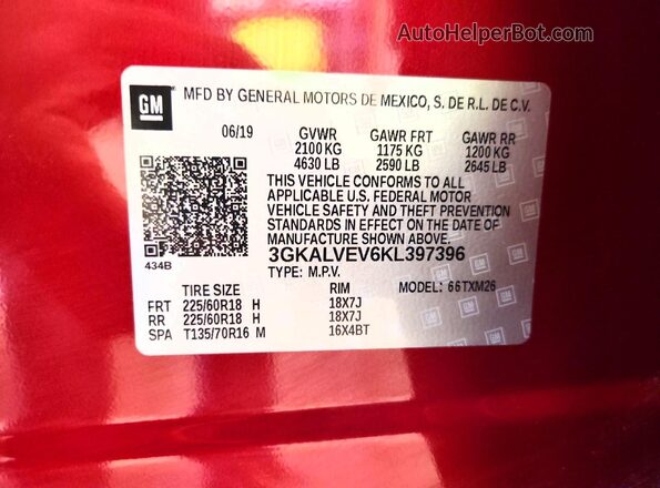 3GKALVEV6KL397396 2019 GMC TERRAIN Red Widok naklejki z numerem VIN