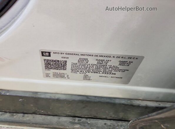 3GKALVEV9KL333336 2019 GMC TERRAIN Серебряный Вид наклейки с VIN-кодом
