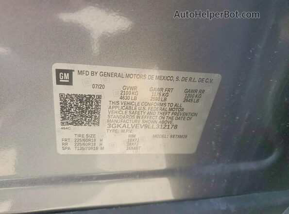 3GKALVEV9LL312178 2020 GMC TERRAIN Gray Вид наклейки з VIN-кодом