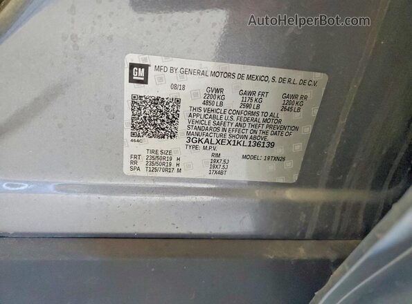 3GKALXEX1KL136139 2019 GMC TERRAIN Gray Widok naklejki z numerem VIN
