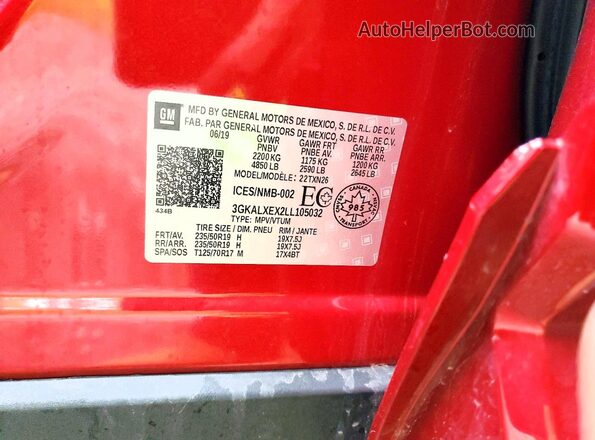 3GKALXEX2LL105032 2020 GMC TERRAIN Red VIN კოდის სტიკერის ხედი
