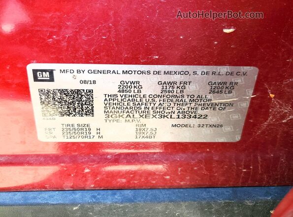 3GKALXEX3KL133422 2019 GMC TERRAIN Maroon Widok wnętrza 360 stopni