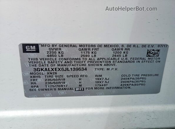 3GKALXEX6JL139634 2018 GMC TERRAIN Белый Вид наклейки с VIN-кодом