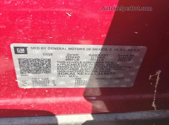3GKALXEX6LL119077 2020 GMC TERRAIN Бордовый Вид наклейки с VIN-кодом